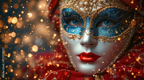  a close up of a woman's face wearing a blue and gold masquerade and a red scarf with gold flecks around her neck and shoulders.