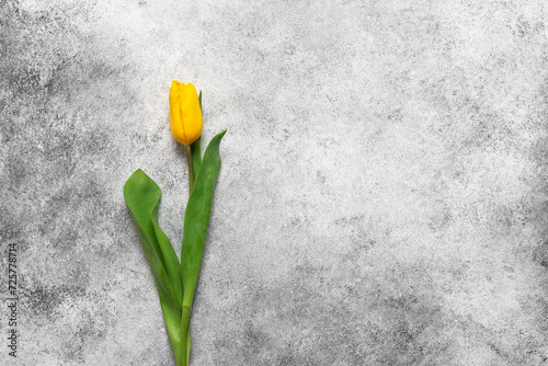 One yellow tulip on a light rustic background. Top view, flat lay, copy space.