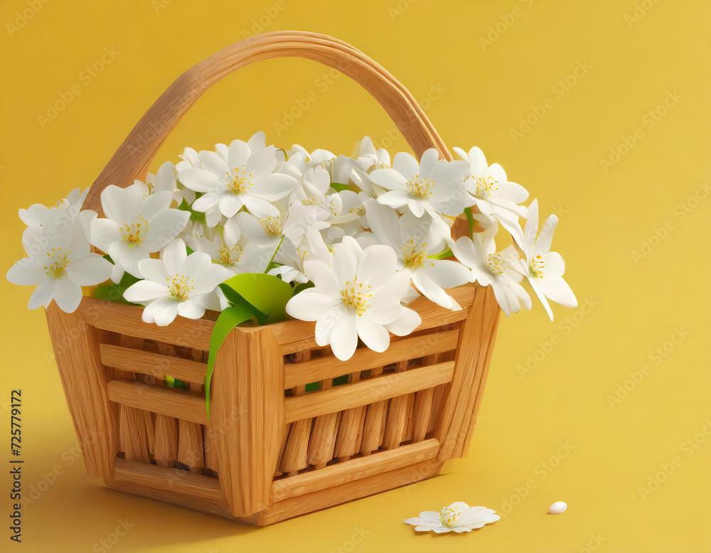 White flowers in wooden basket on yellow spring background 3D Rendering