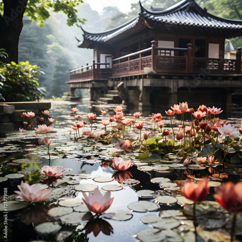 japanese garden in spring with flowers, lake in the mountains, lilies in the pond photo