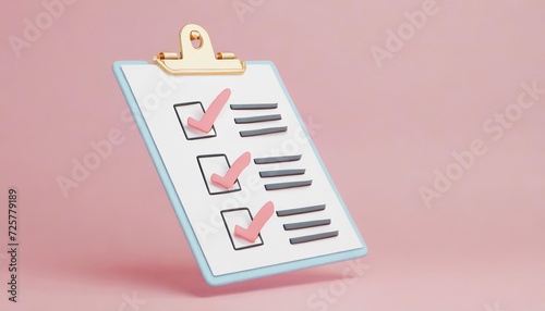White clipboard with checklist on pink background. 3d render illustration. © Kimbery