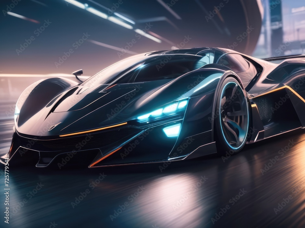 Speed Dynamics: Black Futuristic Car in High-Speed Side Motion
