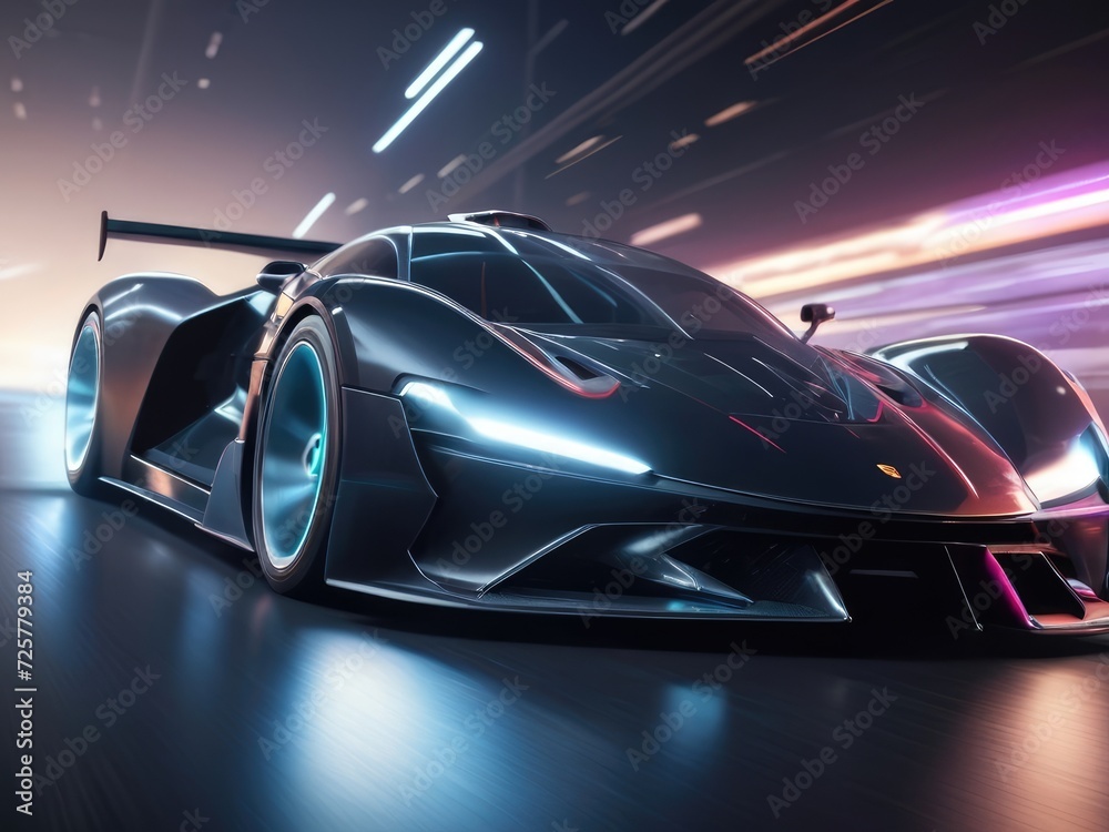Blurred Horizon: black Futuristic Car in High-Speed Motion Side View Blurred Horizon: black Futuristic Car in High-Speed Motion Side View