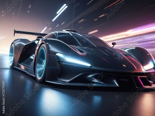 Blurred Horizon: black Futuristic Car in High-Speed Motion Side View © bellart