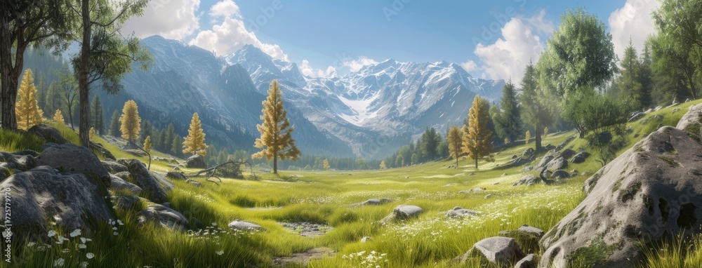 a rocky mountain meadow adorned with larch trees, set against the backdrop of a majestic mountain range, inviting viewers to immerse themselves in the tranquil grandeur of the natural landscape. - obrazy, fototapety, plakaty 