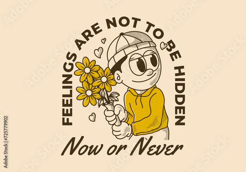 Now or never. Retro illustration of a beanie guy holding a flower
