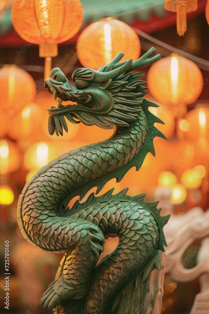 Fototapeta premium An artistic vertical composition showcasing the intricate carvings of a green wooden dragon against a backdrop of traditional Chinese lanterns, evoking the festive spirit of the New Year celebration