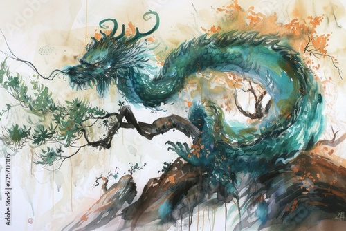 The majestic figure of a green wooden dragon, a traditional icon of the Chinese New Year, depicted against a serene monochrome background, watercolour