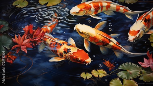 - Close-up shots showcasing the vibrant colors and graceful movements of koi fish in a serene pond