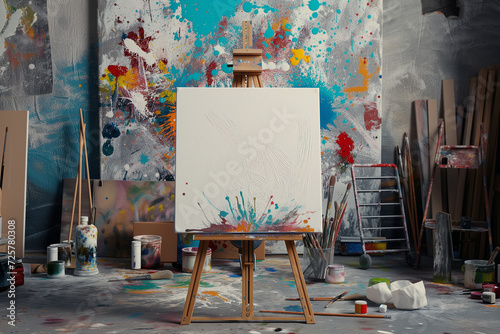 An artist's studio with a blank canvas on an easel, surrounded by a burst of creative tools and splashes of vibrant paint, illustrating the artistic process photo