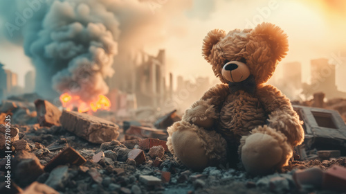 kids teddy bear toy over city burned destruction of an aftermath war conflict, earthquake or fire and smoke of world war against children peace innocence as copyspace banner photo