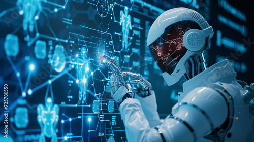 the robot with a glowing face is working on the touch screen, in the style of sci-fi environments, human connections, science academia