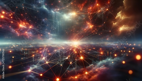 This image portrays an ethereal cosmic network with vivid nodes and connections, set against a backdrop of celestial clouds and distant nebulae, imbued with hues of blue and orange.