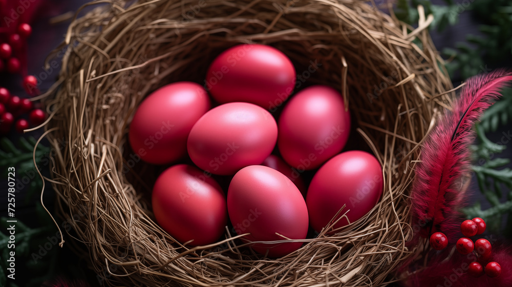 A delicate bird nest cradles a clutch of vibrant pink eggs, nestled among lush green foliage, symbolizing new beginnings and the beauty of nature's creations A delicate bird nest cradles a clutch of vibrant pink eggs, nestled among lush green foliage, symbolizing new beginnings and the beauty of nature's creations