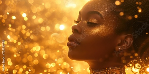 A woman with gold glitter on her face. Perfect for makeup tutorials or festival-themed designs