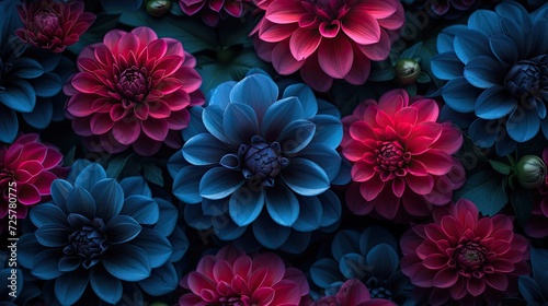 blue and pink flowers background. top view. Generative AI