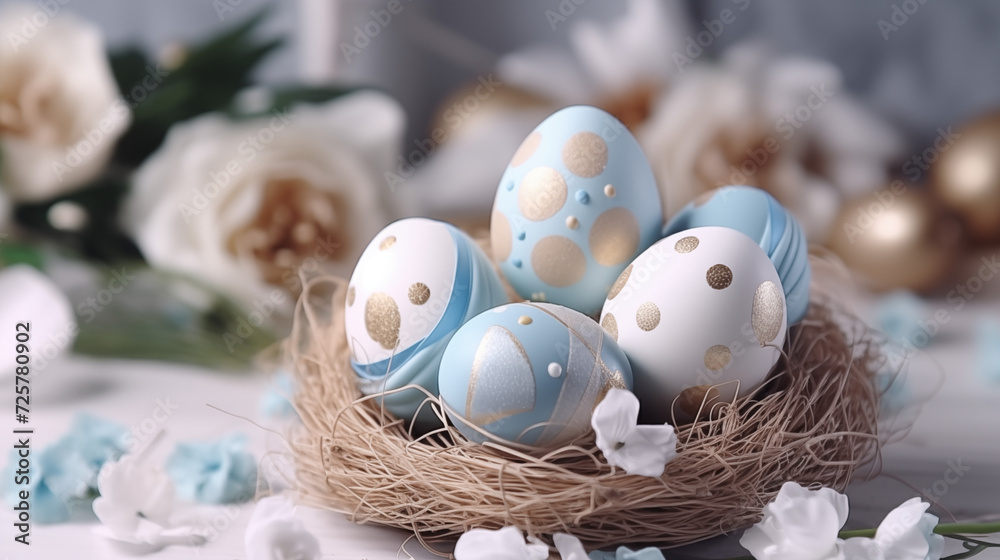 Obraz premium A colorful nest adorned with delicate flowers and speckled eggs, evoking the playful joy and beauty of easter celebrations with whimsical toys and natural elements