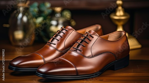 Elegant brown Leather Men's wedding Shoes on Silk Fabric Generative AI 