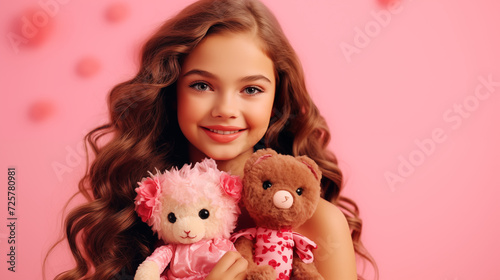 A young girl's infectious smile lights up the indoor space as she lovingly holds a pink teddy bear and plush doll, creating a heartwarming scene of innocence and joy