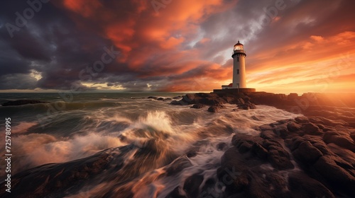 Dramatic images capturing dynamic cloud formations over a sunlit rocky seashore, with iconic lighthouses standing tall against the coastal backdrop