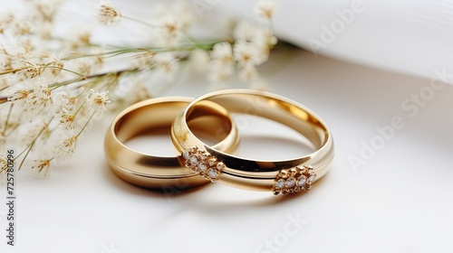 A pair of golden wedding rings placed on a table. flower background. Generative AI