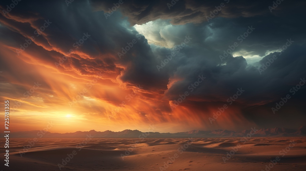  Dramatic images capturing dynamic cloud formations drifting over a desert oasis, casting shadows and creating contrasting light patterns on the sandy landscape