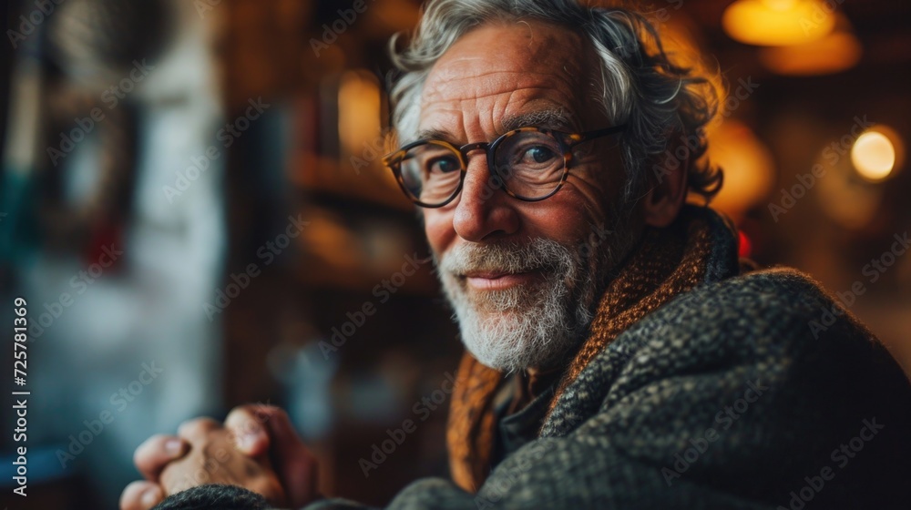 a man with glasses shaking hands with someone while sitting at an office