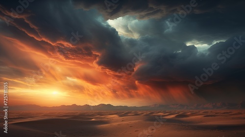  Dramatic images capturing dynamic cloud formations drifting over a desert oasis  casting shadows and creating contrasting light patterns on the sandy landscape