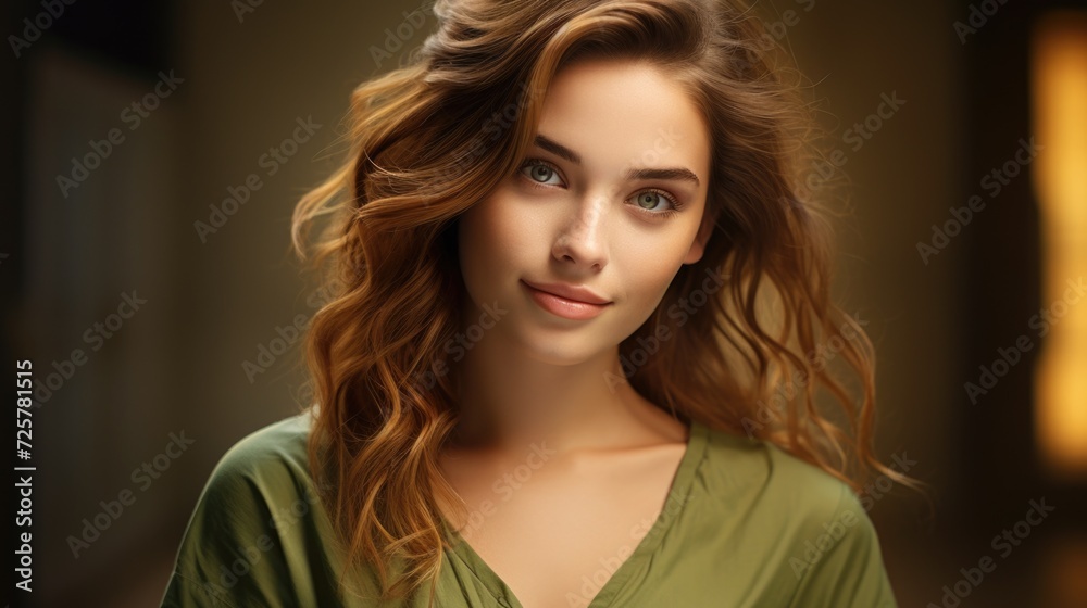 a smiling young woman in a green shirt, in the style of minimal retouching, light white and amber a smiling young woman in a green shirt, in the style of minimal retouching, light white and amber