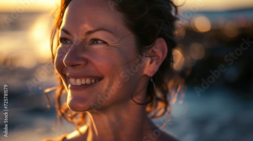 a woman is smiling on the beach, in the style of spectacular show of ages, dynamic energy flow