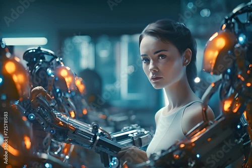 a woman working on a robot in a factory photo