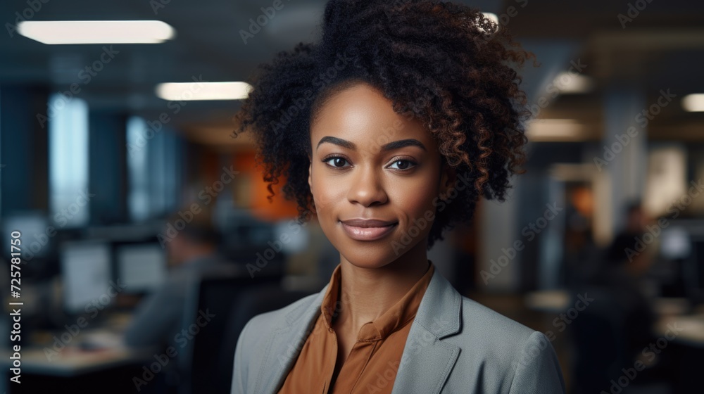 a young smiling black woman standing in an office, in the style of textural, composed, sharp focus. a young smiling black woman standing in an office, in the style of textural, composed, sharp focus.