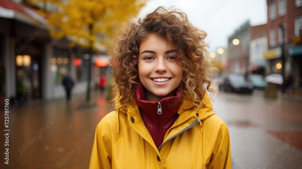 a young woman in a yellow jacket with curly hair and blue eyes is standing, in the style of happycore a young woman in a yellow jacket with curly hair and blue eyes is standing, in the style of happycore