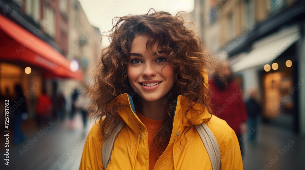 a young woman in a yellow jacket with curly hair and blue eyes is standing, in the style of happycore