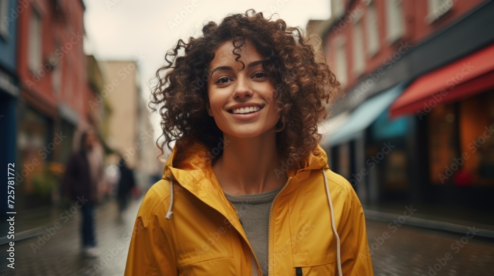 a young woman in a yellow jacket with curly hair and blue eyes is standing, in the style of happycore a young woman in a yellow jacket with curly hair and blue eyes is standing, in the style of happycore
