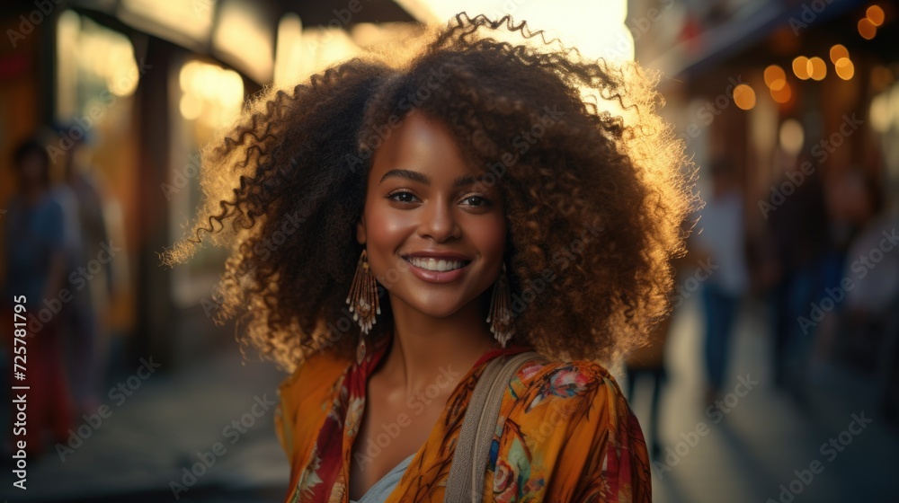 a young woman is smiling at the camera in a dark street, in the style of multicultural fusion, warm tones