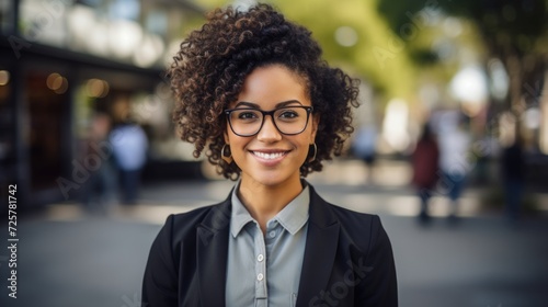 a young smiling black woman standing in an office, in the style of textural, composed, sharp focus.