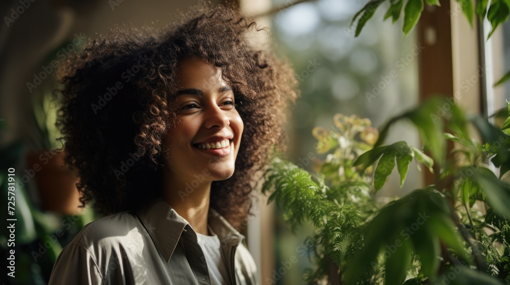 an african american woman is smiling while sitting beside a plant, domestic intimacy an african american woman is smiling while sitting beside a plant, domestic intimacy