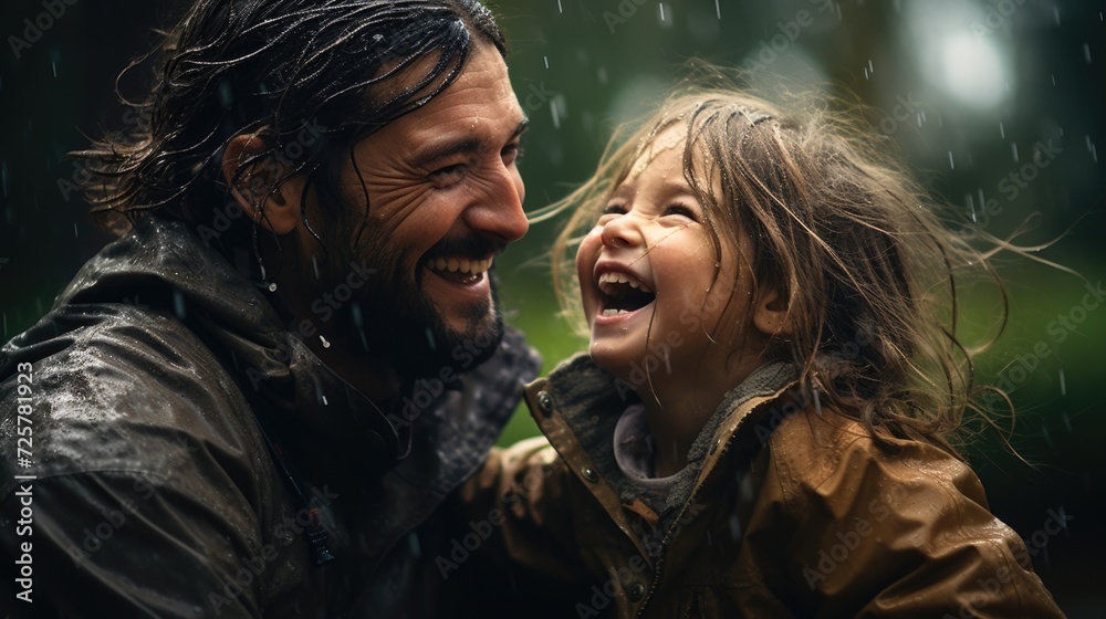 smiling father with daughter in rainy day outdoors, in the style of joyful chaos - obrazy, fototapety, plakaty 