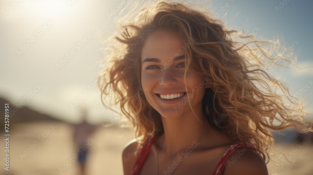 woman smiles with long hair in a field, in the style of golden light woman smiles with long hair in a field, in the style of golden light