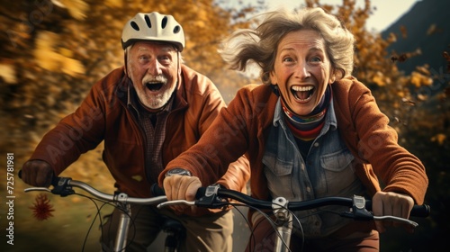 old couple laughing while riding bicycles in autumn, in the style of adventure themed