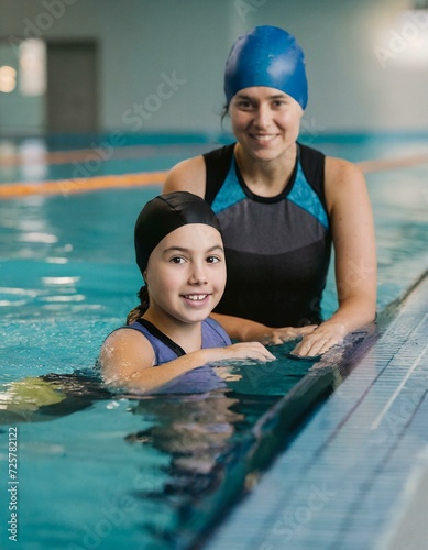 young girl with an adult swimming instructor in a pool, showcasing the engaging process of learning through swimming lesson