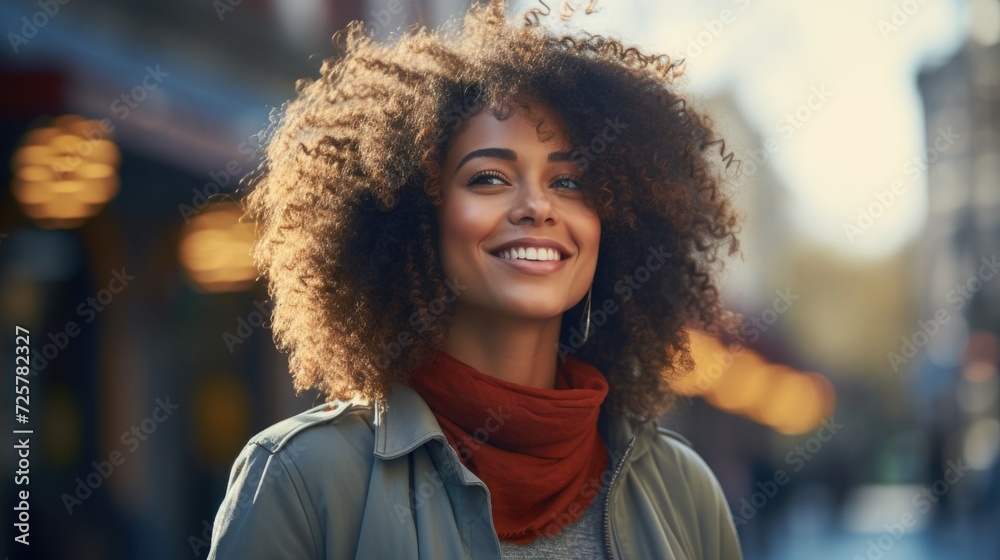 young woman smiling in front of an apartment building, in the style of afrofuturism, bokeh young woman smiling in front of an apartment building, in the style of afrofuturism, bokeh