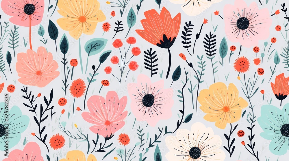 boho, doodle, floral seamless pattern, color pastel. Generative Ai