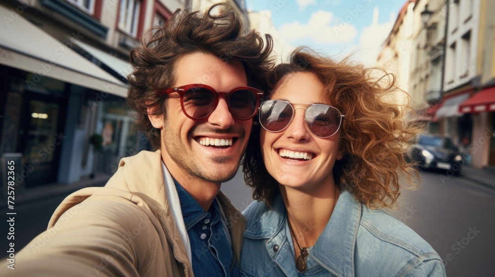 couple with glasses and smiling holding cell phone to take selfie