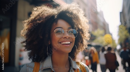 young woman smiling in front of an apartment building, in the style of afrofuturism, bokeh