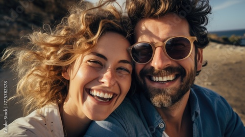 couple with glasses and smiling holding cell phone to take selfie