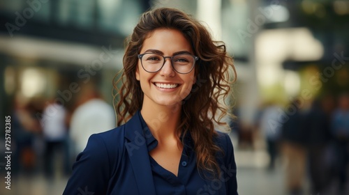 cute business woman in glasses posing for the camera in the city