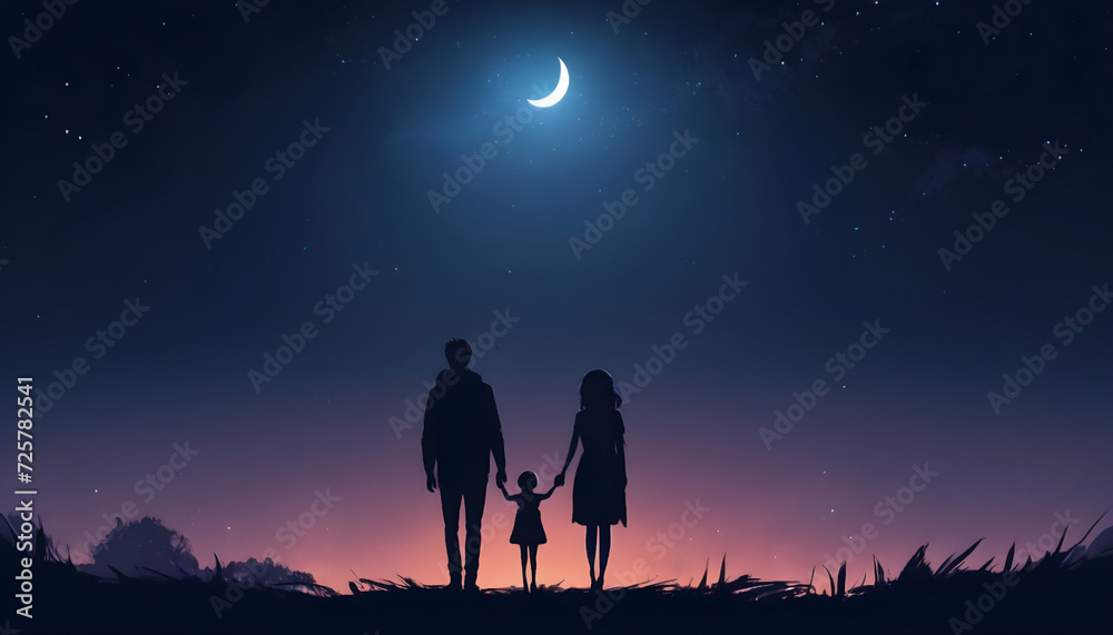 Silhouette of a happy family against the background of the moon. Generative AI