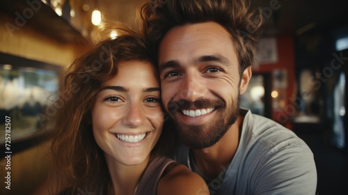 happy couple smiling while taking selfie, in the style of joyful and optimistic, caffenol developing